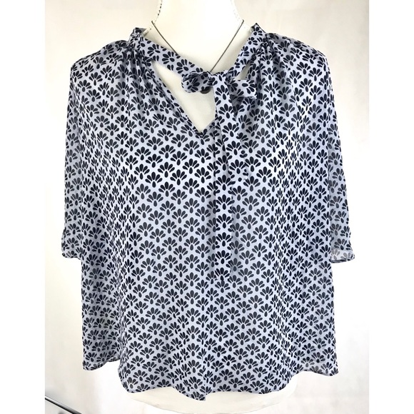 Ann Taylor Tops - ANN TAYLOR Sheer Blue Print Bow Neck Blouse